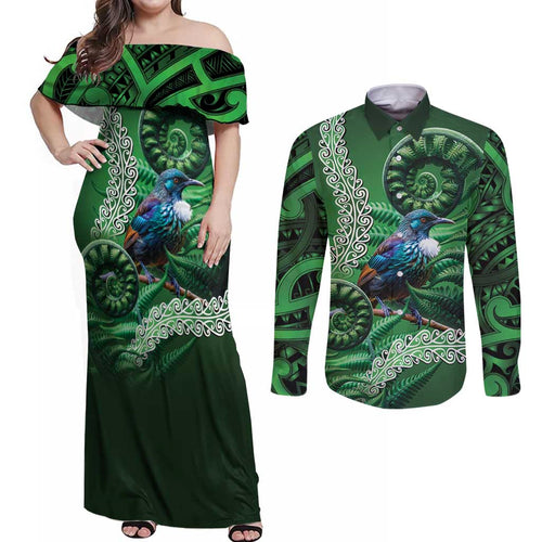 Tui Bird Koru Silver Fern Aotearoa Couples Matching Off Shoulder Maxi Dress and Long Sleeve Button Shirt