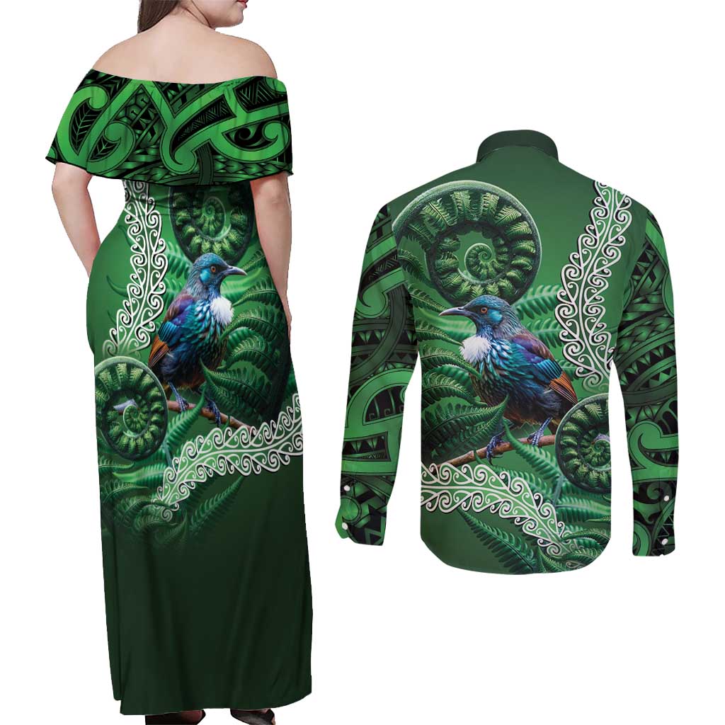 Tui Bird Koru Silver Fern Aotearoa Couples Matching Off Shoulder Maxi Dress and Long Sleeve Button Shirt