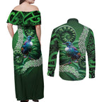 Tui Bird Koru Silver Fern Aotearoa Couples Matching Off Shoulder Maxi Dress and Long Sleeve Button Shirt