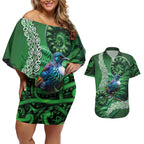 Tui Bird Koru Silver Fern Aotearoa Couples Matching Off Shoulder Short Dress and Hawaiian Shirt