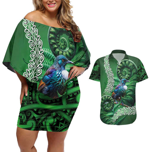 Tui Bird Koru Silver Fern Aotearoa Couples Matching Off Shoulder Short Dress and Hawaiian Shirt