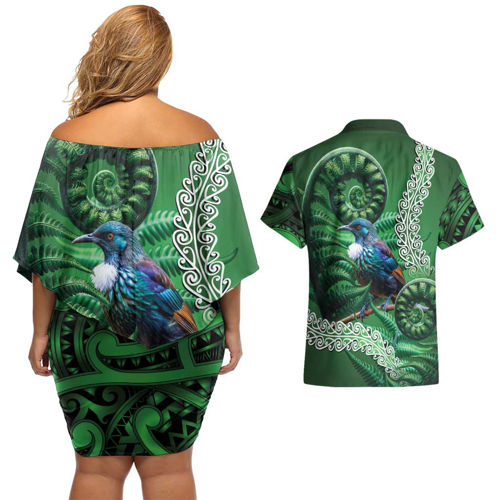 Tui Bird Koru Silver Fern Aotearoa Couples Matching Off Shoulder Short Dress and Hawaiian Shirt