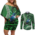 Tui Bird Koru Silver Fern Aotearoa Couples Matching Off Shoulder Short Dress and Long Sleeve Button Shirt