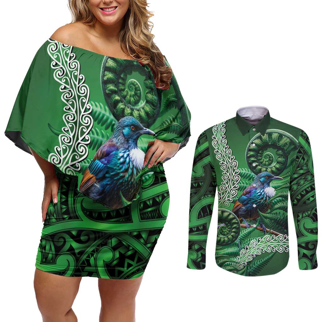 Tui Bird Koru Silver Fern Aotearoa Couples Matching Off Shoulder Short Dress and Long Sleeve Button Shirt