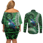 Tui Bird Koru Silver Fern Aotearoa Couples Matching Off Shoulder Short Dress and Long Sleeve Button Shirt