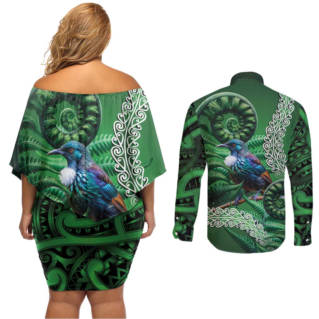 Tui Bird Koru Silver Fern Aotearoa Couples Matching Off Shoulder Short Dress and Long Sleeve Button Shirt