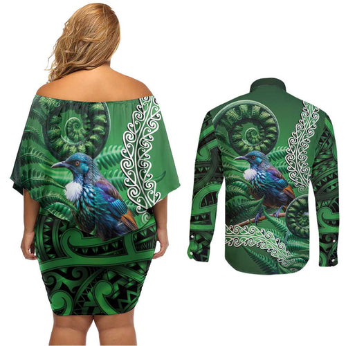 Tui Bird Koru Silver Fern Aotearoa Couples Matching Off Shoulder Short Dress and Long Sleeve Button Shirt