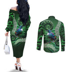 Tui Bird Koru Silver Fern Aotearoa Couples Matching Off The Shoulder Long Sleeve Dress and Long Sleeve Button Shirt