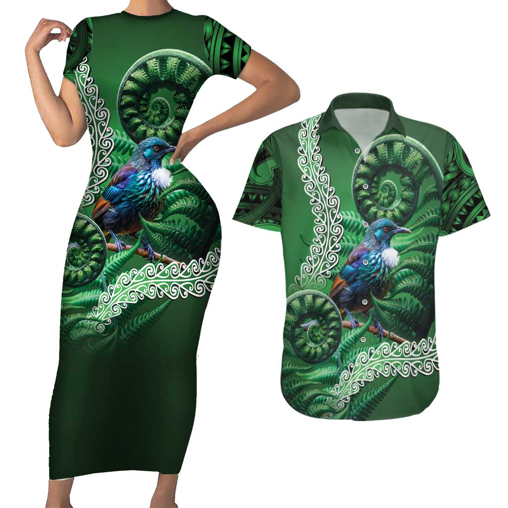 Tui Bird Koru Silver Fern Aotearoa Couples Matching Short Sleeve Bodycon Dress and Hawaiian Shirt