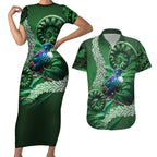 Tui Bird Koru Silver Fern Aotearoa Couples Matching Short Sleeve Bodycon Dress and Hawaiian Shirt