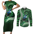 Tui Bird Koru Silver Fern Aotearoa Couples Matching Short Sleeve Bodycon Dress and Long Sleeve Button Shirt