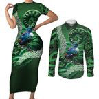 Tui Bird Koru Silver Fern Aotearoa Couples Matching Short Sleeve Bodycon Dress and Long Sleeve Button Shirt