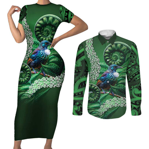 Tui Bird Koru Silver Fern Aotearoa Couples Matching Short Sleeve Bodycon Dress and Long Sleeve Button Shirt
