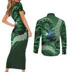 Tui Bird Koru Silver Fern Aotearoa Couples Matching Short Sleeve Bodycon Dress and Long Sleeve Button Shirt