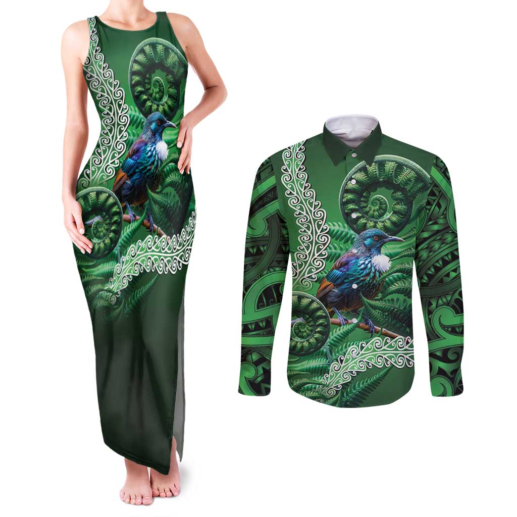Tui Bird Koru Silver Fern Aotearoa Couples Matching Tank Maxi Dress and Long Sleeve Button Shirt