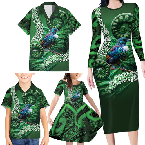 Tui Bird Koru Silver Fern Aotearoa Family Matching Long Sleeve Bodycon Dress and Hawaiian Shirt