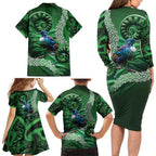 Tui Bird Koru Silver Fern Aotearoa Family Matching Long Sleeve Bodycon Dress and Hawaiian Shirt
