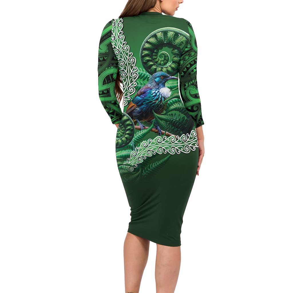 Tui Bird Koru Silver Fern Aotearoa Family Matching Long Sleeve Bodycon Dress and Hawaiian Shirt