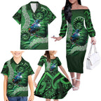 Tui Bird Koru Silver Fern Aotearoa Family Matching Off The Shoulder Long Sleeve Dress and Hawaiian Shirt
