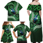 Tui Bird Koru Silver Fern Aotearoa Family Matching Off Shoulder Maxi Dress and Hawaiian Shirt