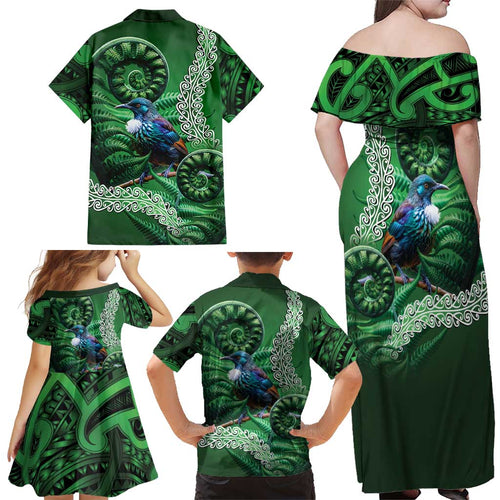 Tui Bird Koru Silver Fern Aotearoa Family Matching Off Shoulder Maxi Dress and Hawaiian Shirt