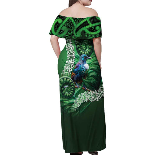 Tui Bird Koru Silver Fern Aotearoa Family Matching Off Shoulder Maxi Dress and Hawaiian Shirt