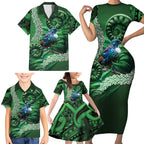 Tui Bird Koru Silver Fern Aotearoa Family Matching Short Sleeve Bodycon Dress and Hawaiian Shirt