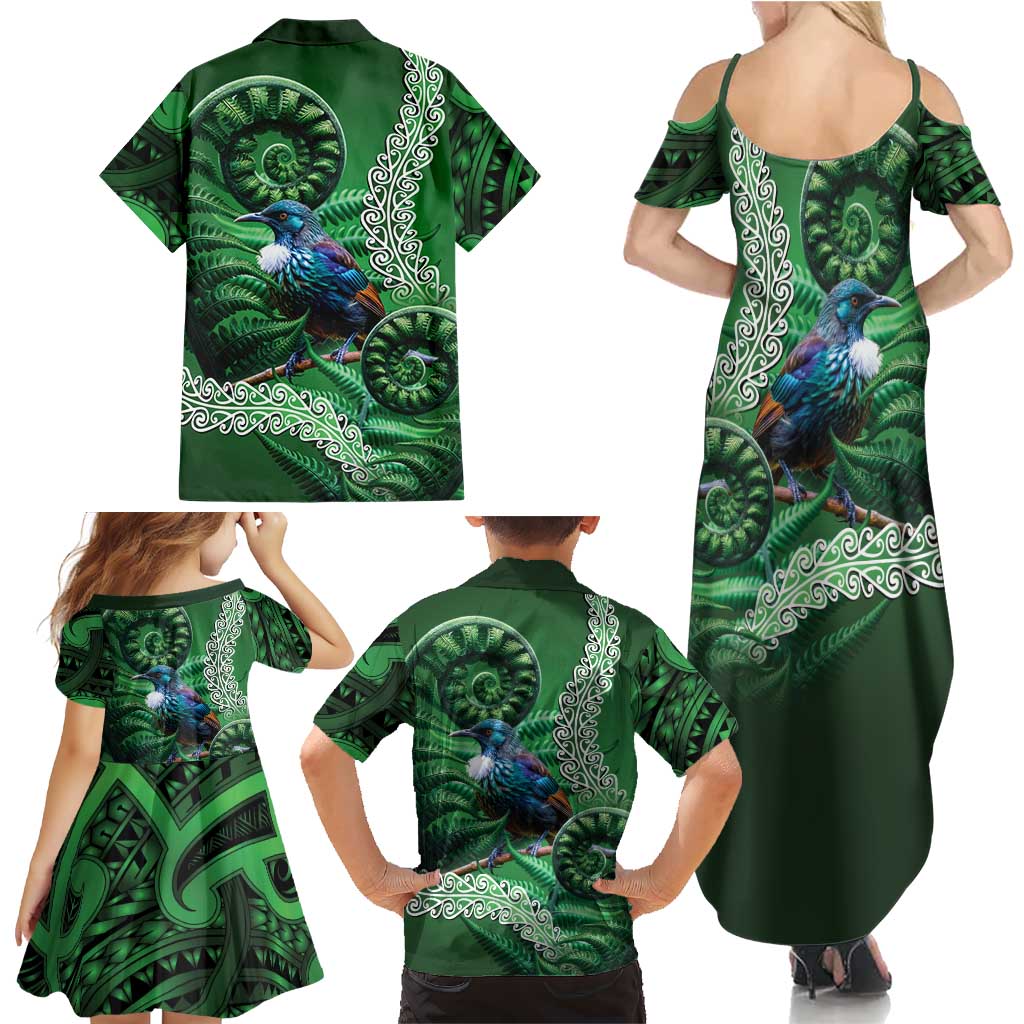 Tui Bird Koru Silver Fern Aotearoa Family Matching Summer Maxi Dress and Hawaiian Shirt