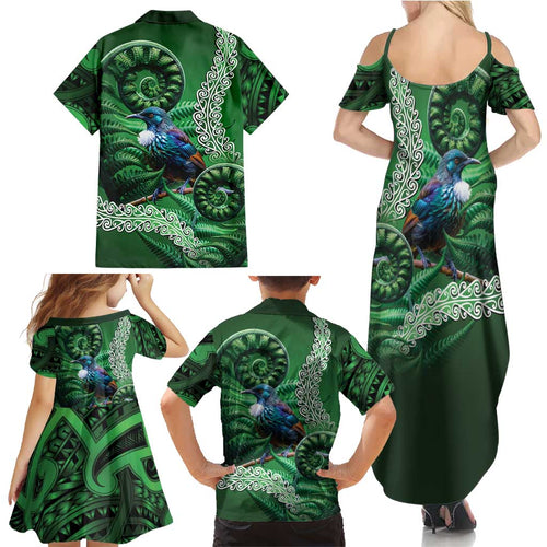 Tui Bird Koru Silver Fern Aotearoa Family Matching Summer Maxi Dress and Hawaiian Shirt