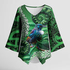 Tui Bird Koru Silver Fern Aotearoa Kimono Sleeve Blouse