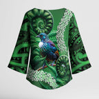 Tui Bird Koru Silver Fern Aotearoa Kimono Sleeve Blouse