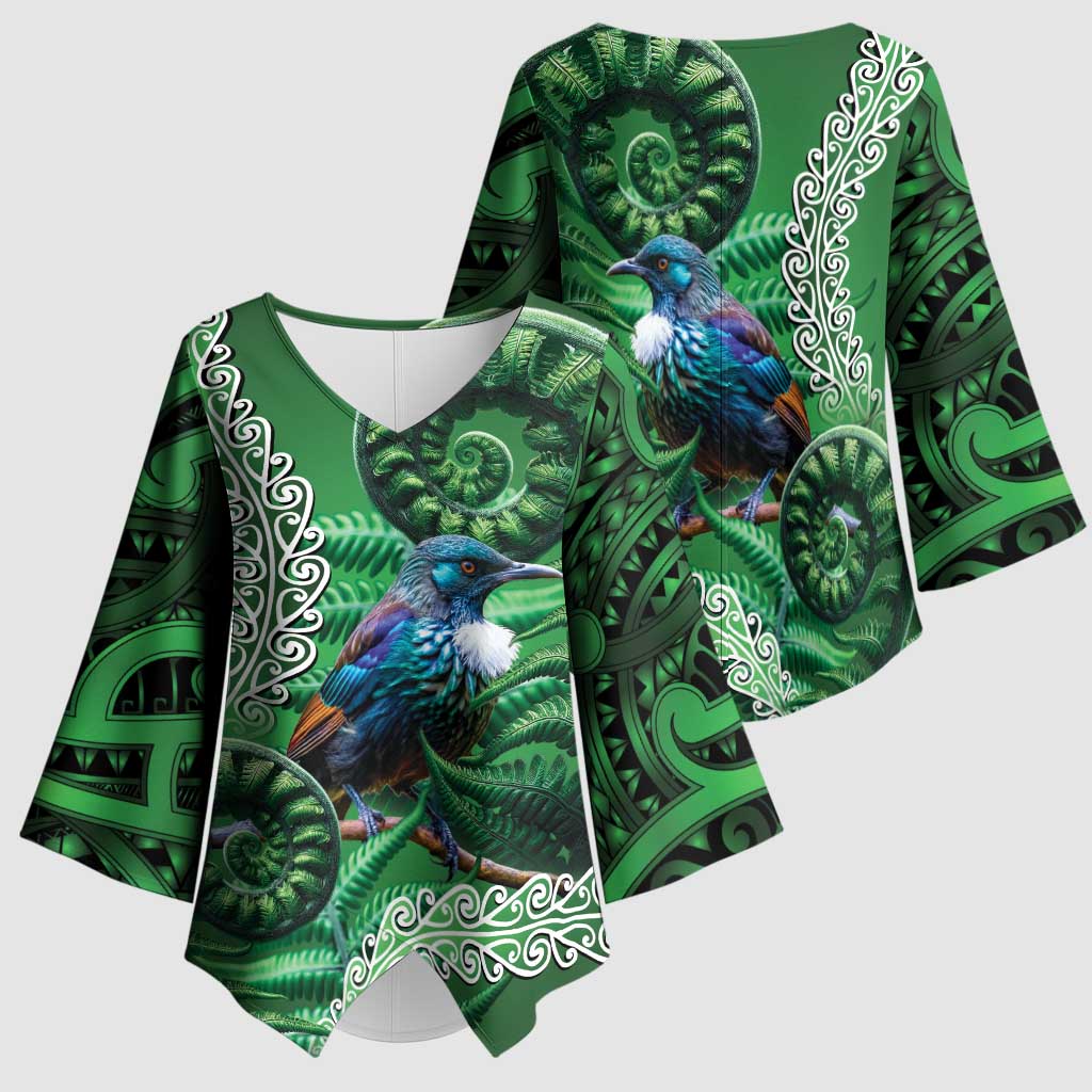 Tui Bird Koru Silver Fern Aotearoa Kimono Sleeve Blouse