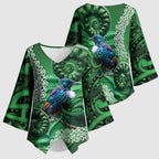 Tui Bird Koru Silver Fern Aotearoa Kimono Sleeve Blouse