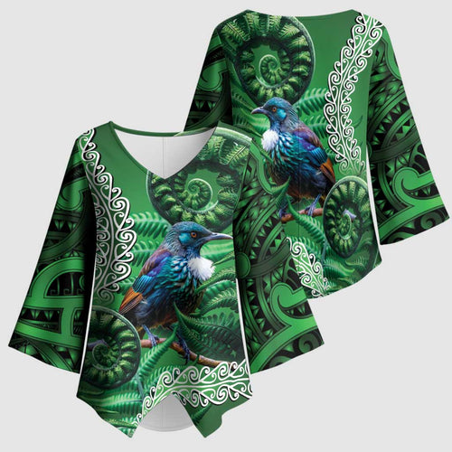 Tui Bird Koru Silver Fern Aotearoa Kimono Sleeve Blouse