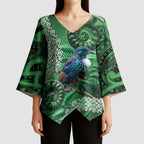 Tui Bird Koru Silver Fern Aotearoa Kimono Sleeve Blouse