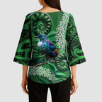 Tui Bird Koru Silver Fern Aotearoa Kimono Sleeve Blouse