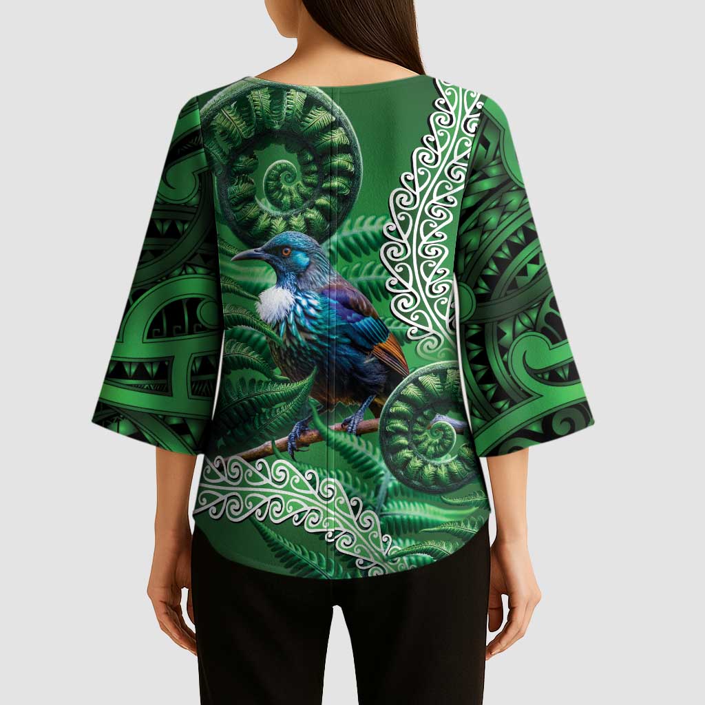 Tui Bird Koru Silver Fern Aotearoa Kimono Sleeve Blouse