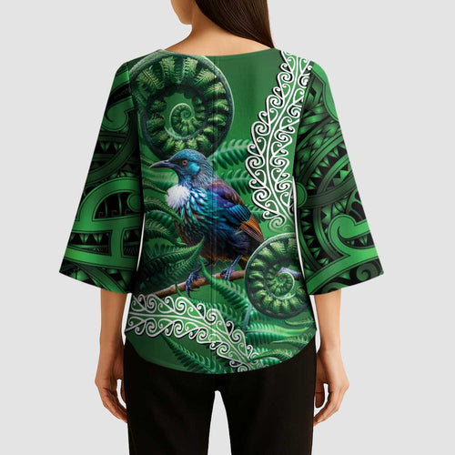 Tui Bird Koru Silver Fern Aotearoa Kimono Sleeve Blouse