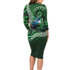 Tui Bird Koru Silver Fern Aotearoa Long Sleeve Bodycon Dress