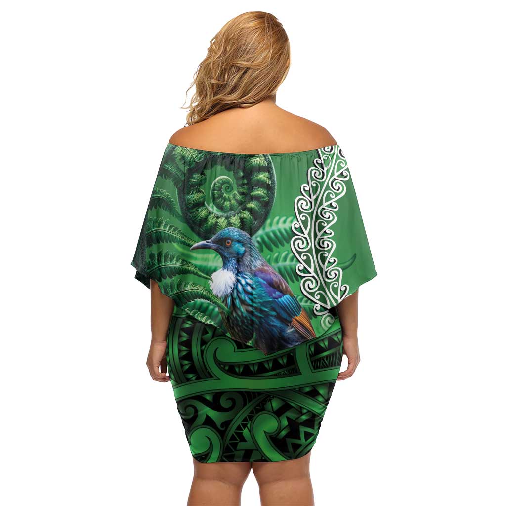 Tui Bird Koru Silver Fern Aotearoa Off Shoulder Short Dress