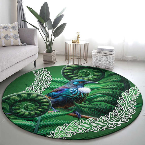Tui Bird Koru Silver Fern Aotearoa Round Carpet