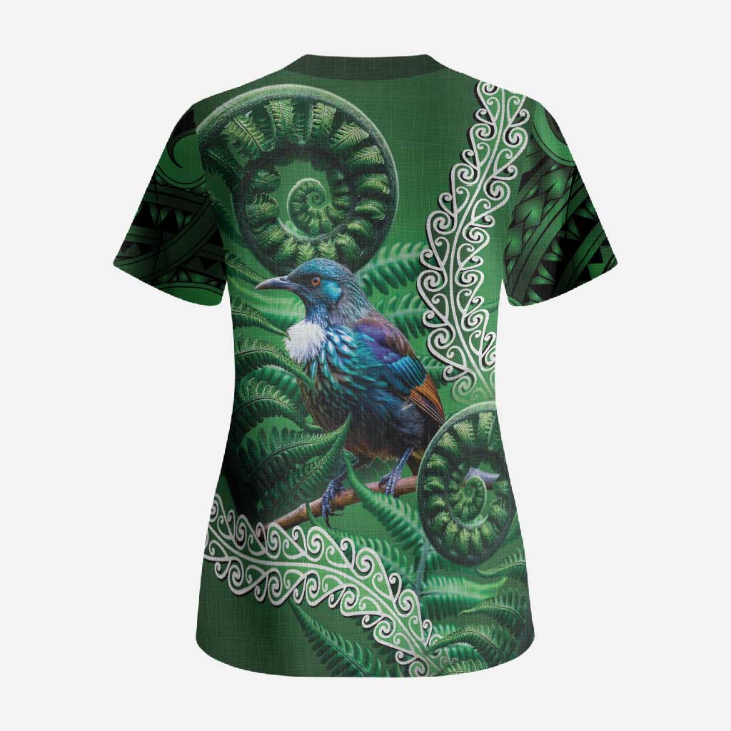 Tui Bird Koru Silver Fern Aotearoa Scrub Top