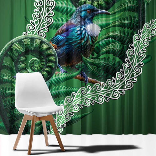 Tui Bird Koru Silver Fern Aotearoa Window Curtain