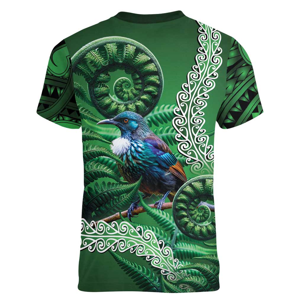 Tui Bird Koru Silver Fern Aotearoa Women V-Neck T-Shirt