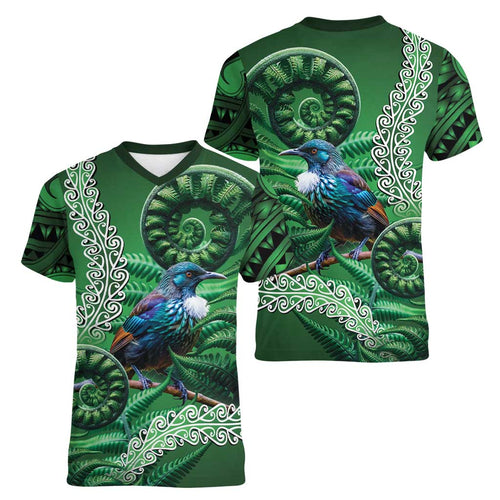 Tui Bird Koru Silver Fern Aotearoa Women V-Neck T-Shirt