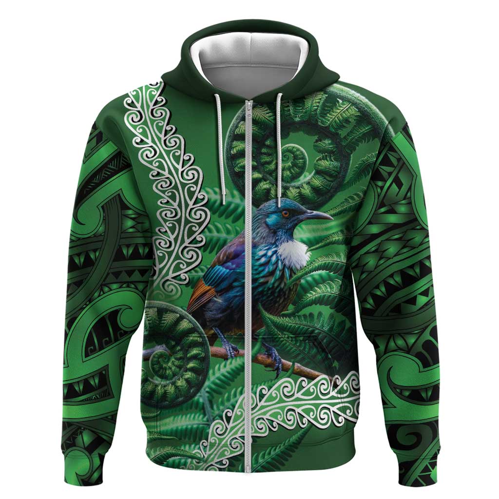 Tui Bird Koru Silver Fern Aotearoa Zip Hoodie