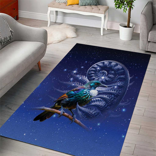 Tui Bird Matariki Galaxy Area Rug Koru Silver Fern Aotearoa