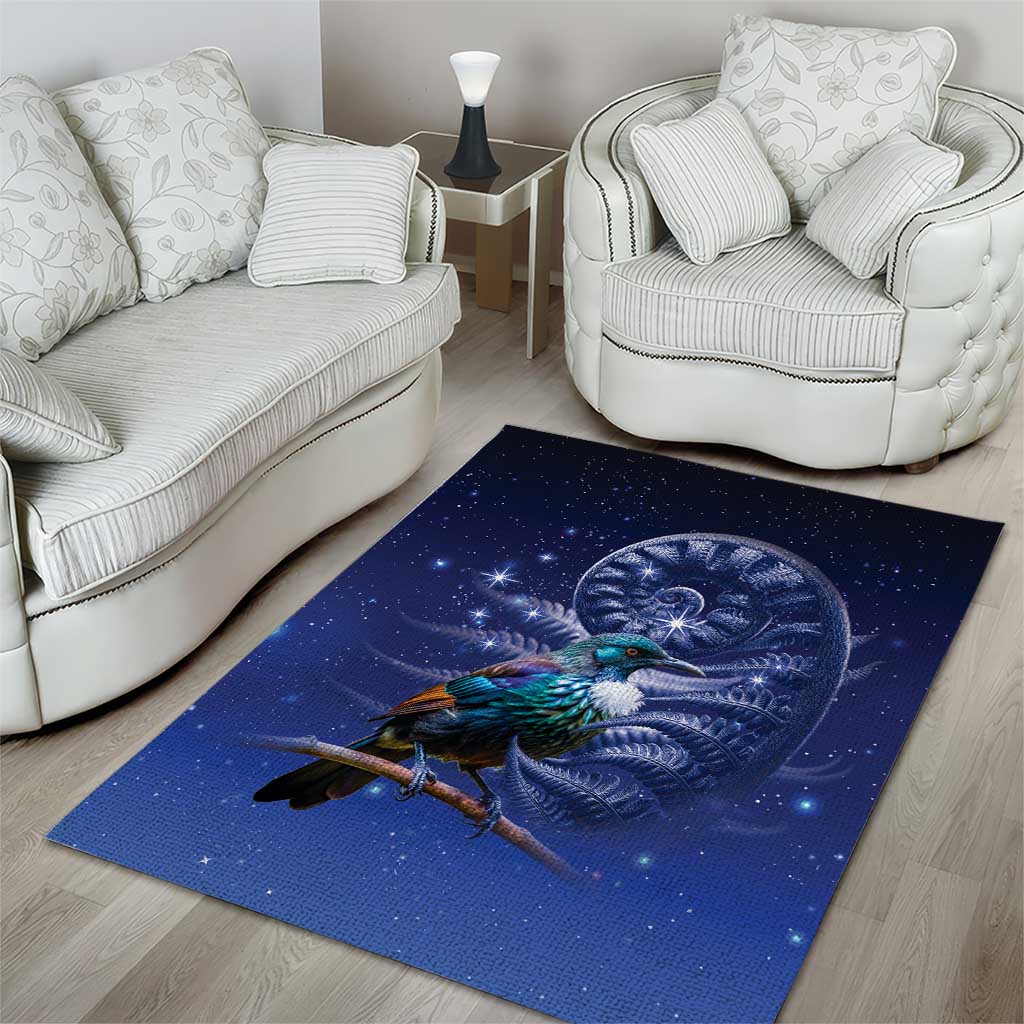 Tui Bird Matariki Galaxy Area Rug Koru Silver Fern Aotearoa