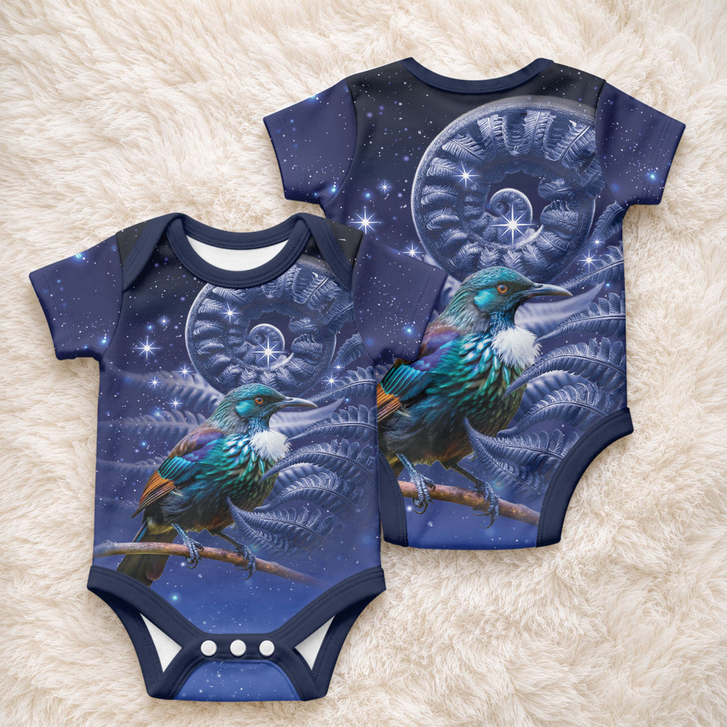 Tui Bird Matariki Galaxy Baby Onesie Koru Silver Fern Aotearoa