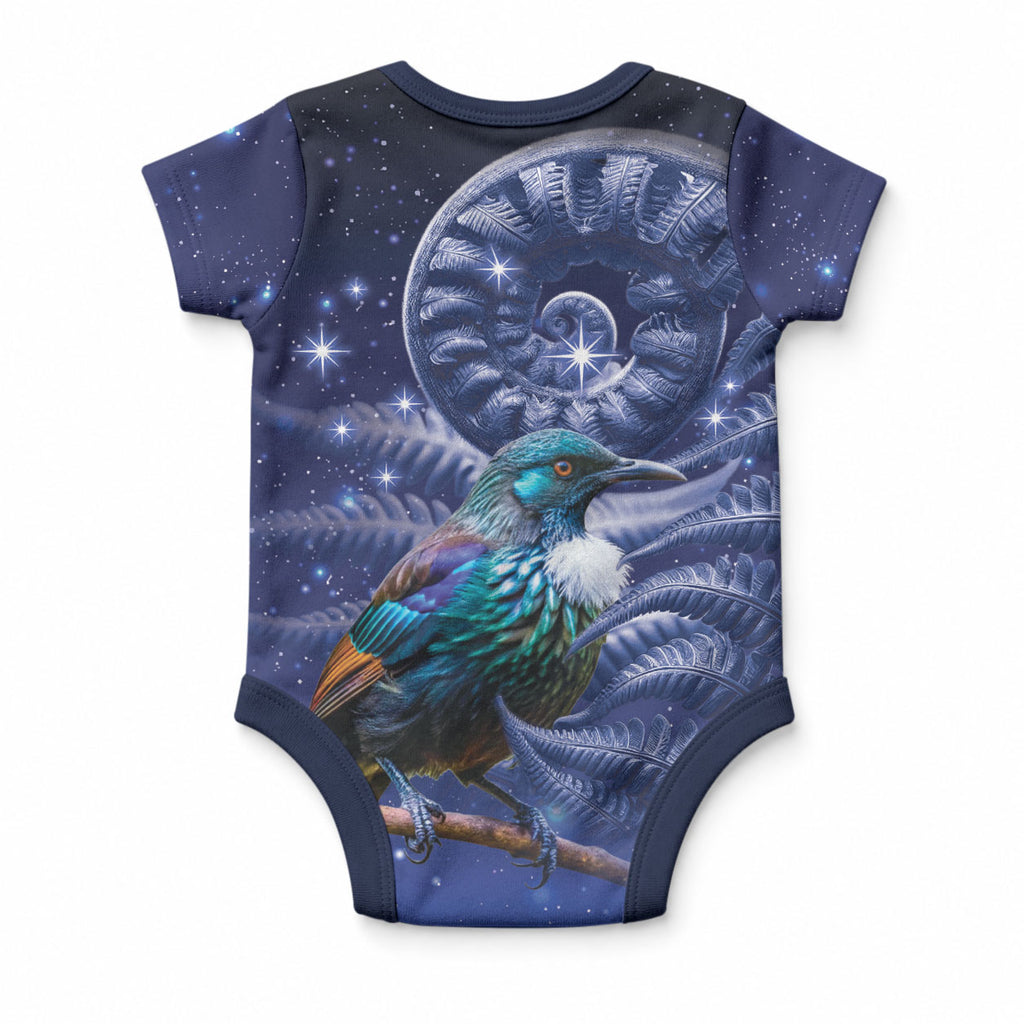 Tui Bird Matariki Galaxy Baby Onesie Koru Silver Fern Aotearoa